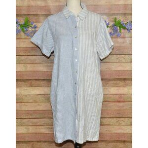 C&C California Womens XL Linen Blend Shirt Dress Short Sleeve Preppy Blue Stripe